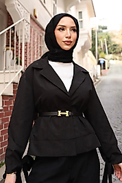 ModaEnsar Cepli Kruvaze Yaka Kısa Trençkot Siyah